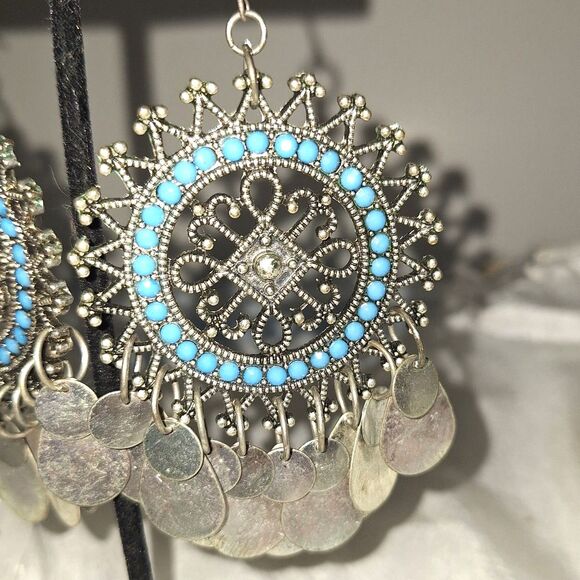 Women's Earrings Large Dangle Drop Discs Blue Beaded Native American Boho Hippie - Picture 2 of 7